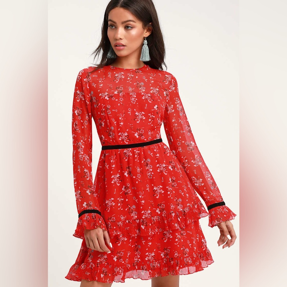 Lulu's Floral to See Red Floral Print Long Sleeve Mini Dress Size Medium